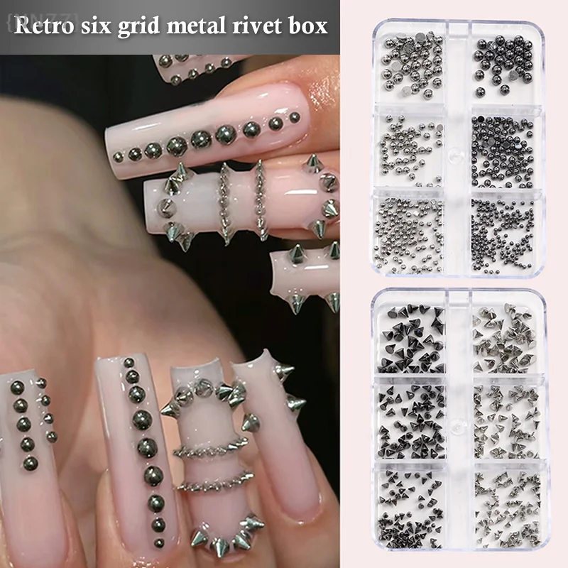 6グリッド3Dミニパンクメタルネイルスタッズ-ミックスサイズシルバー/ゴールド/ブラック、合金リベットスティックコーン、DIYネイルアートチャーム＆クラフトデコレーション