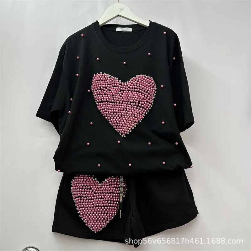 Fashion Women Two-piece Set Luxury Love Beading Loose Short Sleeve T-shirt Top + Drawstring Elastic Waist Wide Leg Shorts Suits