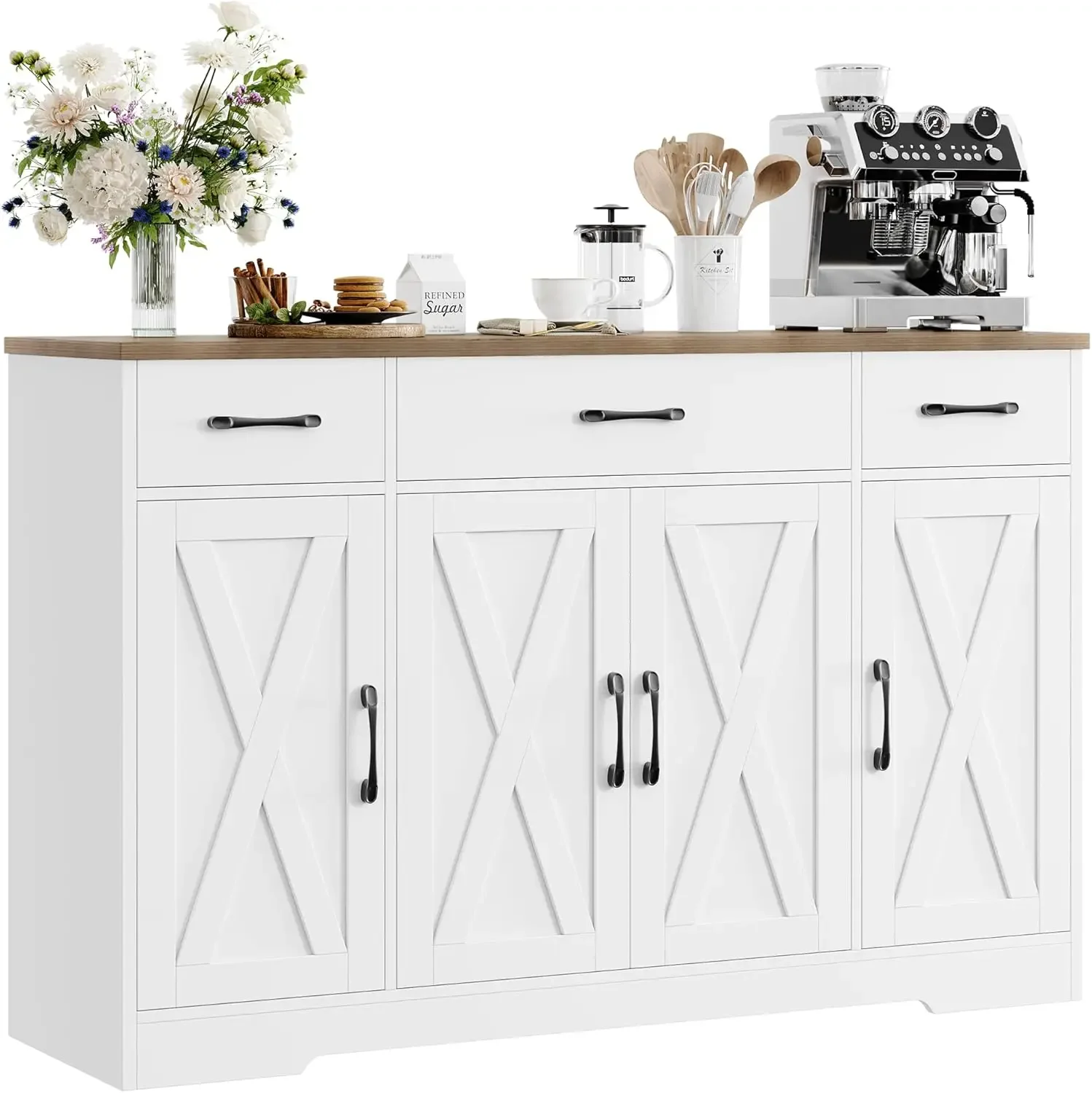 HOSTACK Mueble buffet con cajones, aparador grande de 55 pulgadas, mueble de almacenamiento para buffet con estantes y puertas, café moderno de granja