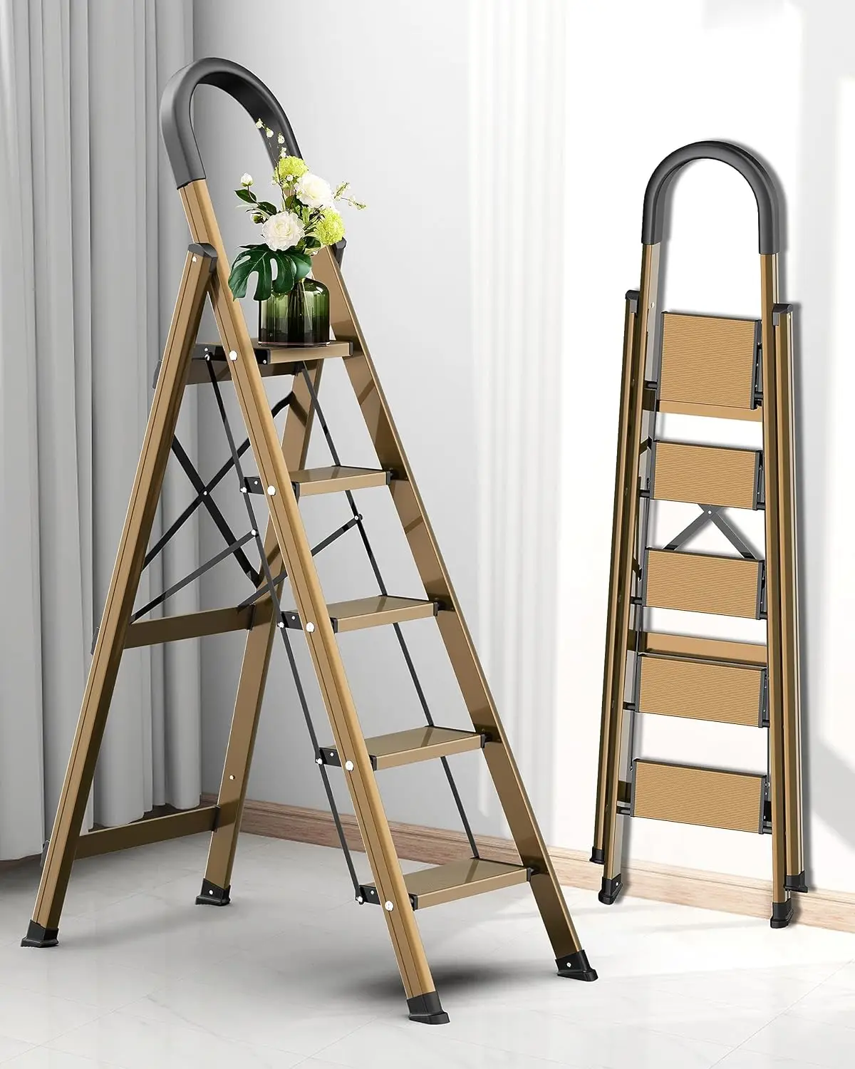 

5 Step Ladder, Folding Step Stool with Anti-Slip Wide Sturdy Pedal and Handgrip, Portable Lightweight Aluminum Stepladder, Multi