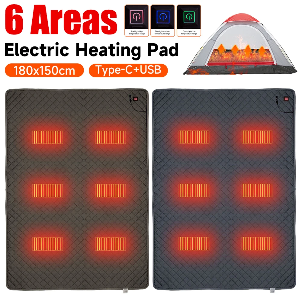 6 Areas Electric Heating Pad USB Winter Heated Mat Electric Blanket Outdoor Sleeping Thermal Pad Camping Foot Warmer 180x150cm