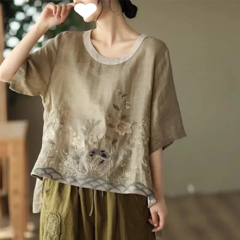 Cotton Linen Embroidered Floral Blouses Women's Chinese Classic Loose Shirt Top Casual Retro O Neck Short Sleeve Summer Shirts