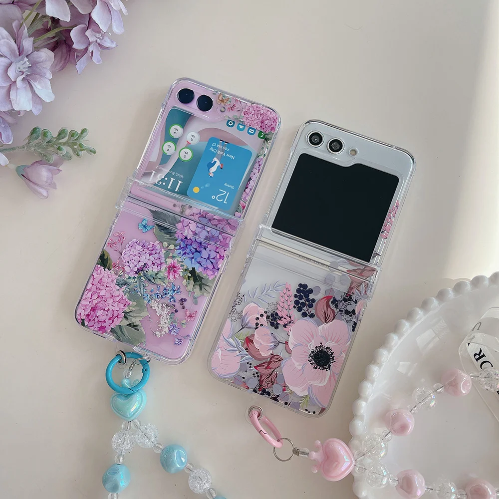 Hydrangea Phone Case For Samsung Galaxy Z Flip 3 4 5 6 5G Bracelet Hinge Shockproof PC Hard Shell Protection Back Cover