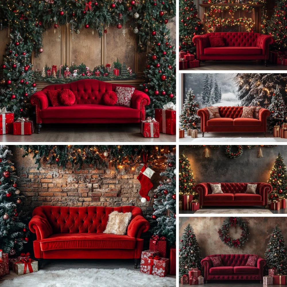 

Christmas Photography Background Xmas Trees Wreath Red Sofa Gift Box Decoration Adult Family Indoor Portrait Photo Backdrop