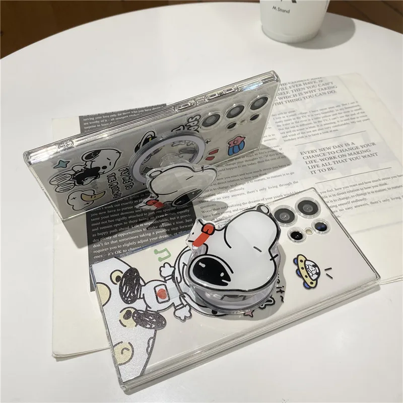 Snoopy Astronauts Earth Bracket Magnetic For Magsafe Wireless Charging Case For Samsung S22 S23 S24 Ultra Note 10 20 Plus Cover