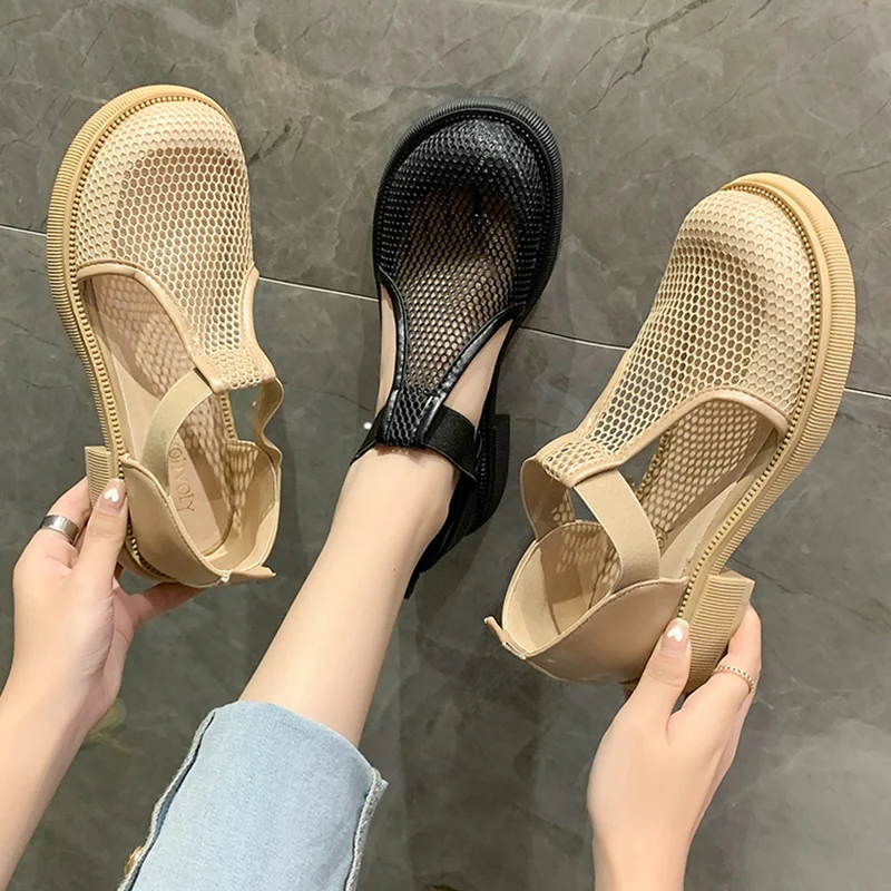 Closed Toe Sandals Black Shoes for Women Med 2024 Summer Breathable Beige Medium Fashion New Flat Comfort Girls Outside Buckle S