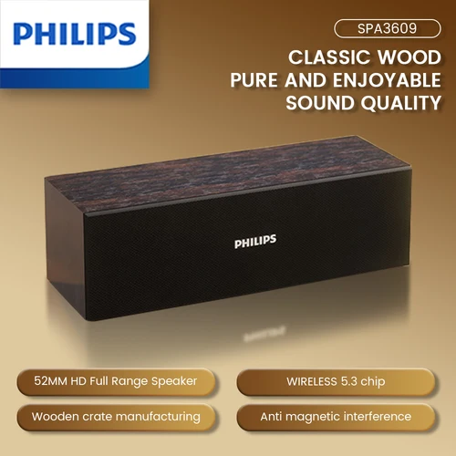 Imagen 1 del producto PHILIPS SPA3609 Altavoz de escritorio con controlador dinámico de 53 mm Efecto de sonido envolvente de voz humana pura y diseño de carcasa de madera