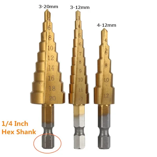 3Pcs Sets 3-12mm 4-12mm 4-20mm HSS Straight Step Drill Bit Titanium Coated Wood Metal Hole Cutter Woodworking Drilling Tools