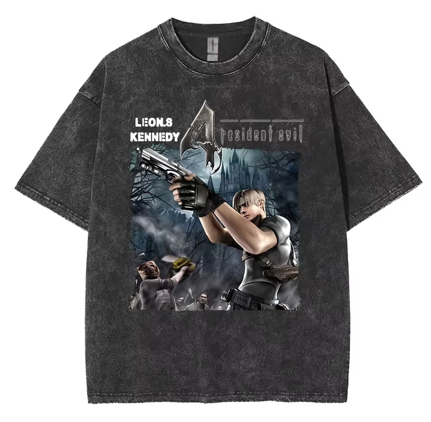 Resident Evil 4 Cosplay Short Sleeve T-Shirt Y2k Men Women Gothic Clothing Tshirt Vintage Washed Leon S Kennedy Graphic T Shirts