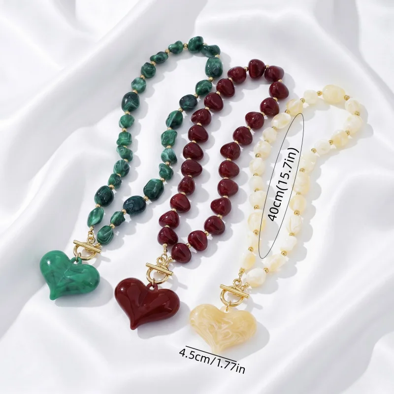 Christmas Retro Green Burgundy Cream Bead Necklace Large Swirl Heart Charm OT Clasp Choker Bohemian Holiday Casual Women Jewelry
