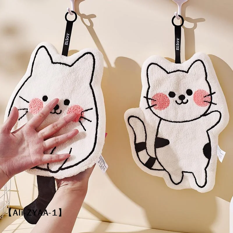 【A】Niedliches Katzen-Handtuch aus Korallenfleece zum Aufhängen, weiches, saugfähiges Küchen- und Badezimmer-Wischtuch, Cartoon-Taschentuch für Kinder