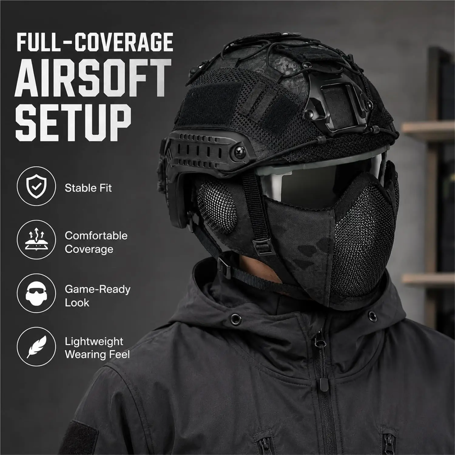Tactical Airsoft Helmet Set with Mesh Mask Goggles Helmet Cover Rear Battery Pouch with for Paintball Hunting Military Training