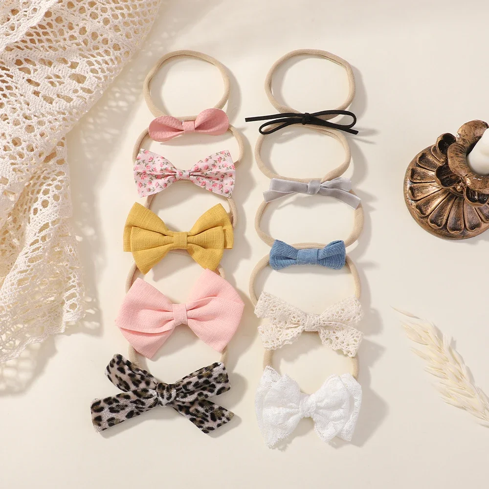 BABY BOWS 10 Teile/satz Spitze Blume Bögen Stirnband Baby Mädchen Leder Bowknot Nylon Elastische Haarband Neugeborenen Samt Haar Zubehör – Detail 10
