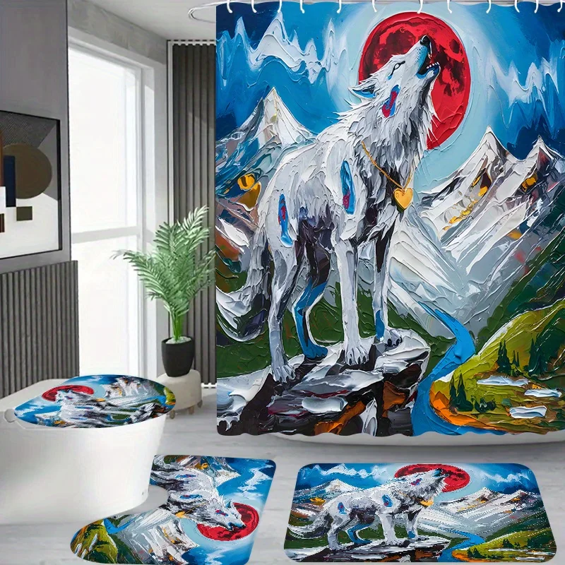 

4 шт. Howling Wolf в стиле масляной живописи, ванная комната в квартире, набор занавесок для душа в отеле, с 12 крючками, коврик для ванной комнаты,