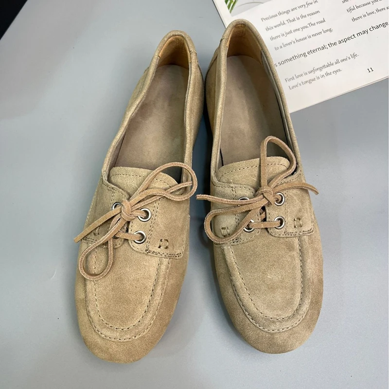 

Jenny&Dave 2026 Minimalist Women's Shoes Retro Leather Suede Lace Up Flat Shoes Soft Sailing Shoes Slip-On Loafers Women