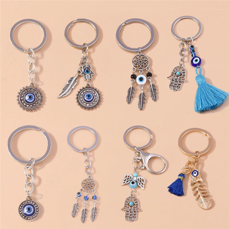 Retro Metal Turkish Luck Evil Eye Keychain Hamsa Hand Key Ring Pendants for Car Key Holder Handbag Decor Jewelry Gifts