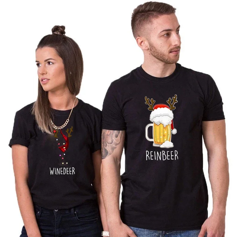 

Couple's Clothing Funny Christmas Winedeer and Reindeer Beer Couples Men Women T-shirts Happy Christmas Design Lovers T-shirts