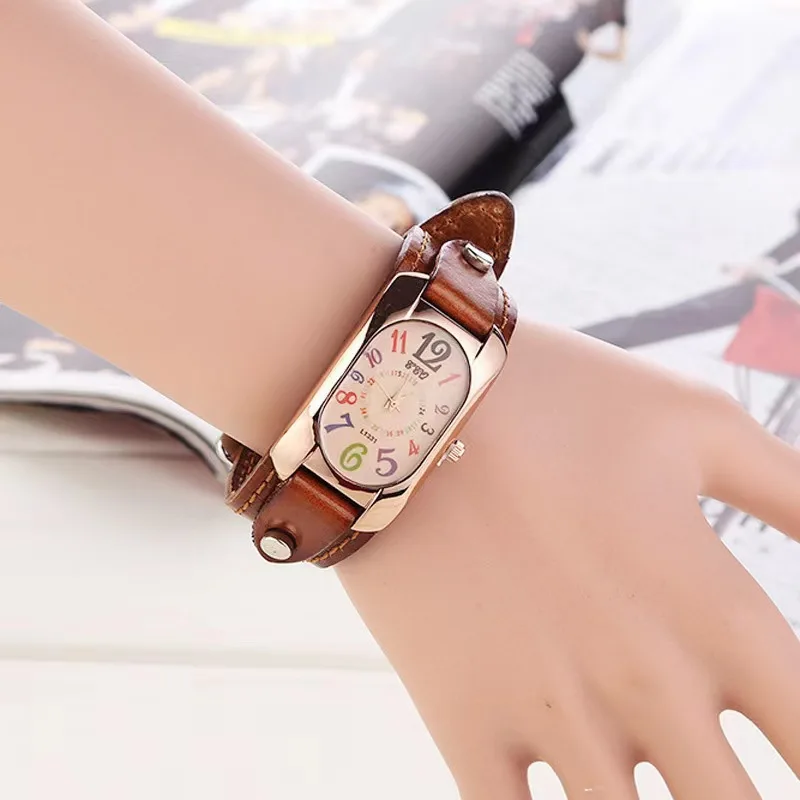 Cow Leather Strap Color Digital Rectangle Watch Women Bracelet Watches Female Bronze Quartz-Watch Student Leisure Wristwatches