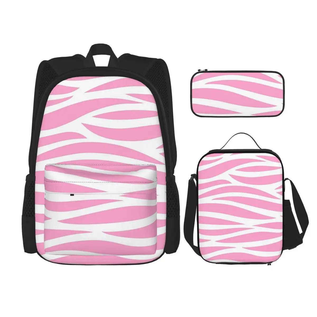 Zebra Pattern Pink Zebra Stripes Backpacks Students Bookbag School Bags Rucksack Lunch Bag Pen Bag Three-Piece Set