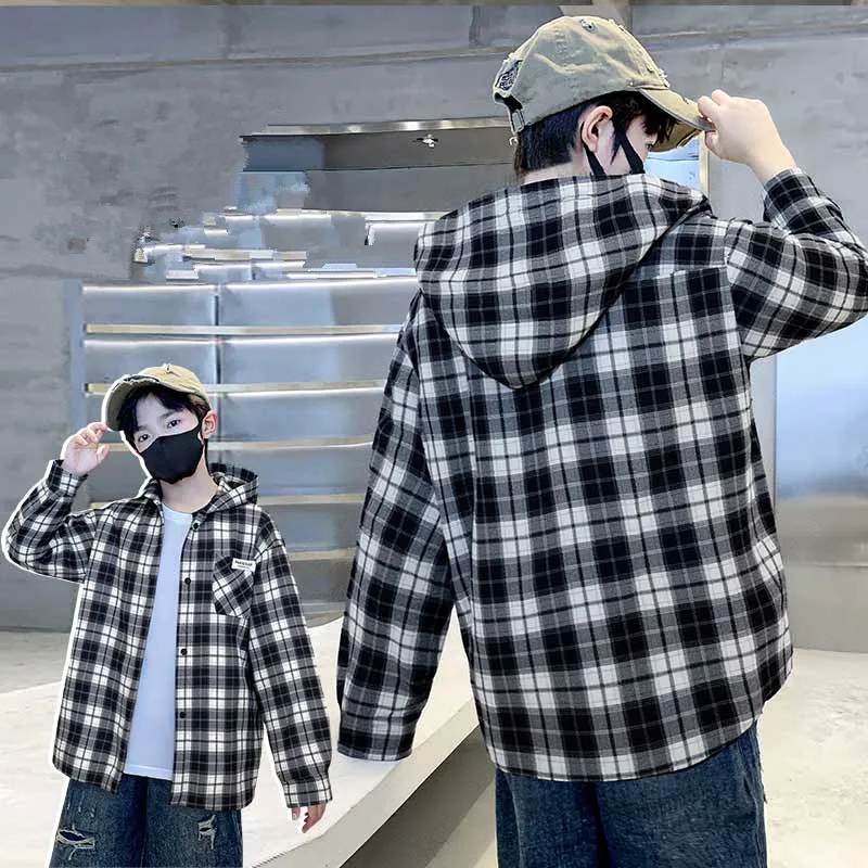

Korean Kids Boy Long Sleeve Black White Plaid Shirt with Hoodies School Children Autumn Clothing Hooded Blouse Outfit 5-14 Years
