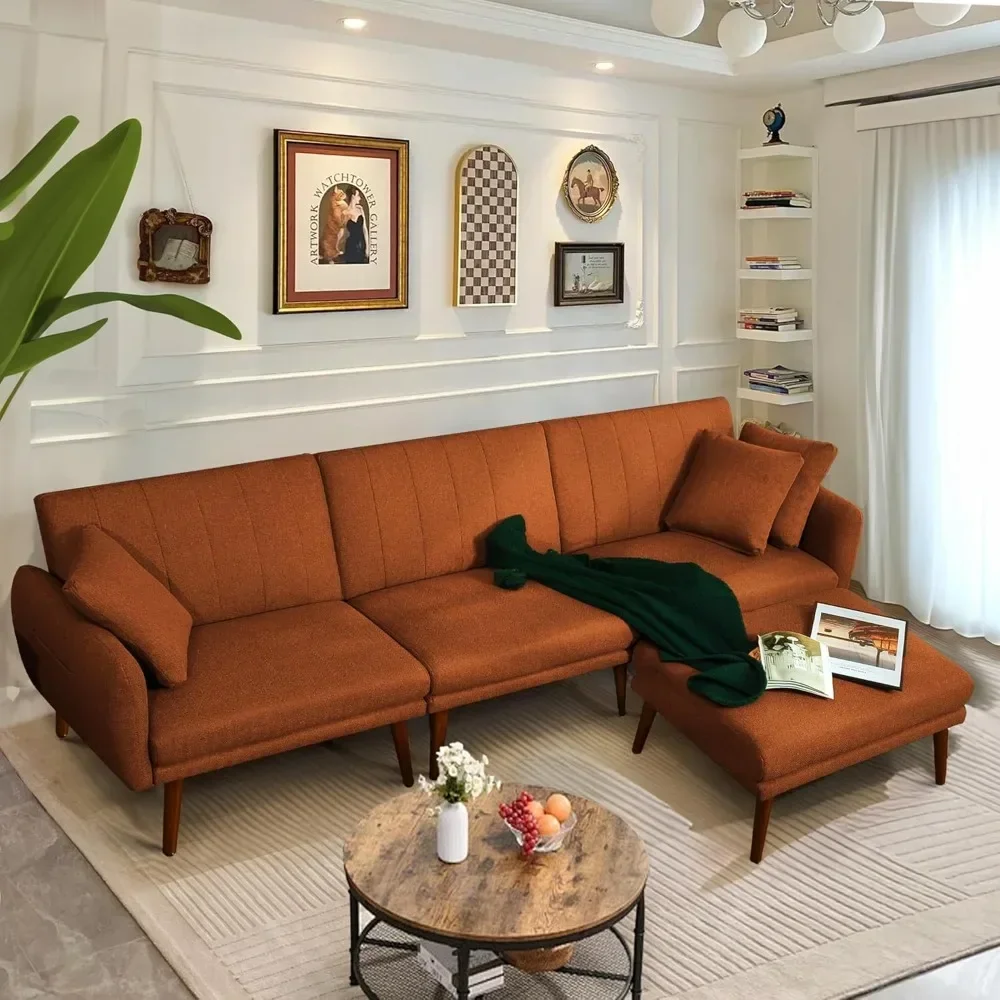 Sectional Couch Sofa Bed, L-Shaped Linen Fabric Sofa Sleeper with Reclining Backrest and Removable Ottoman for Living Room