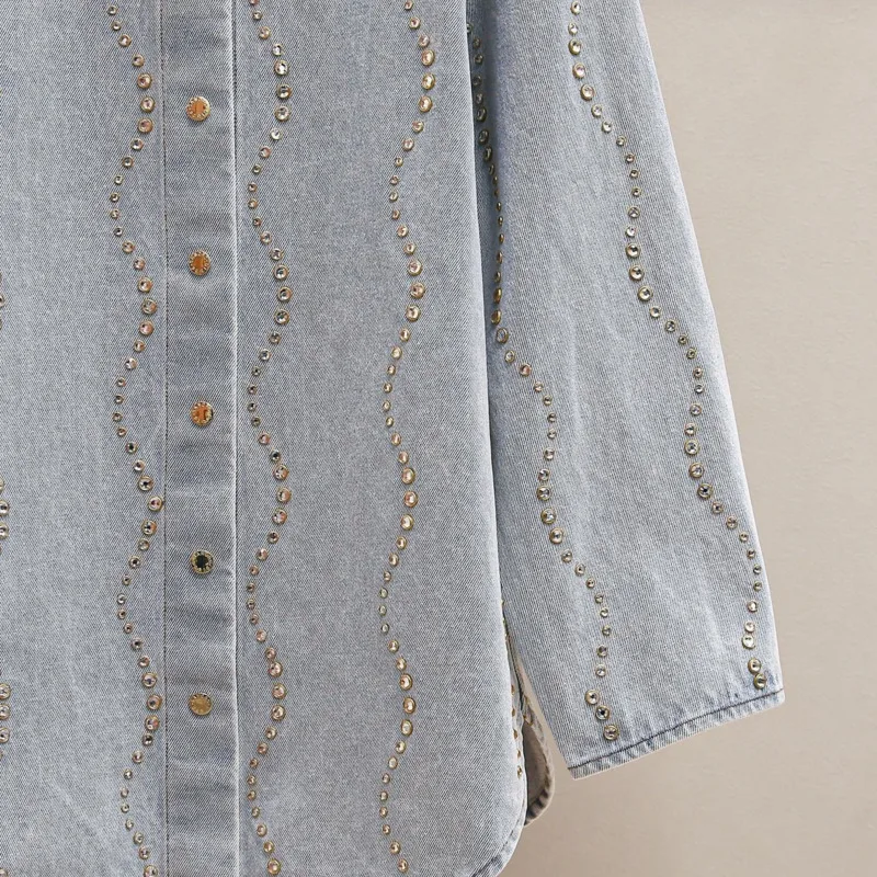 ANJY automne nouvelles femmes mode décontracté français Vintage élégant Denim chemise diamant embelli col rabattu tendance veste A12666