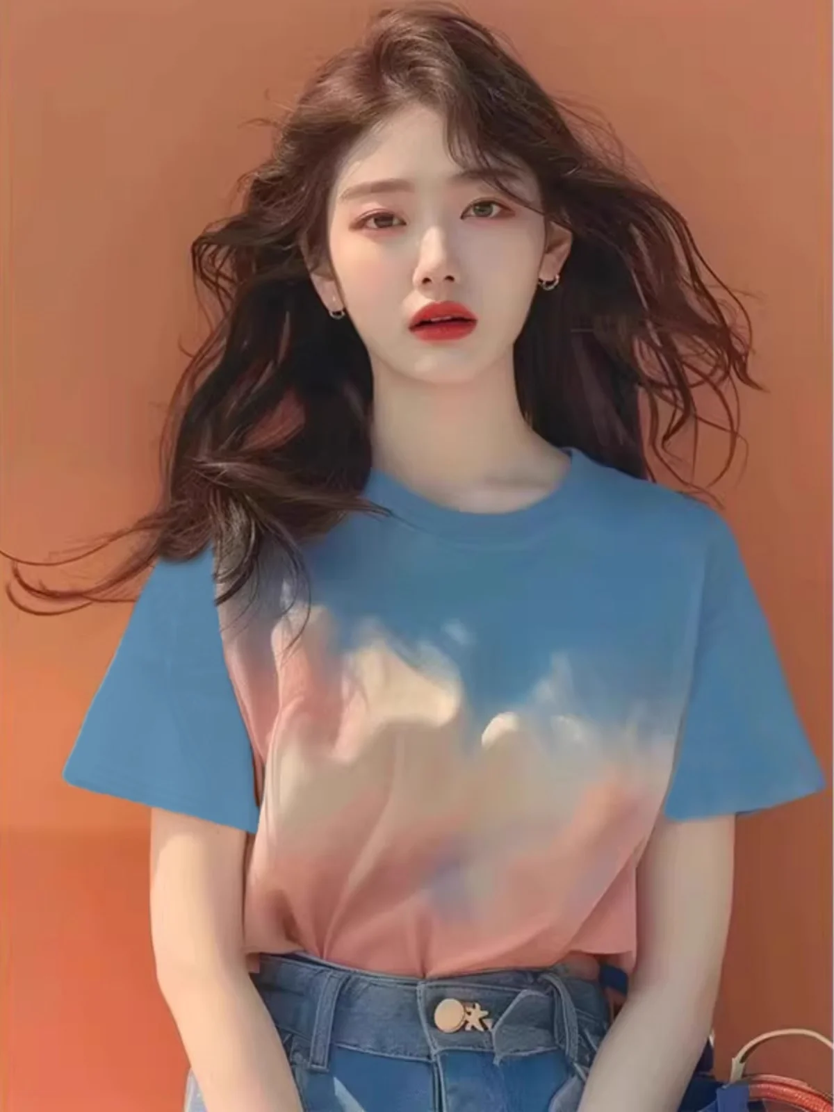 블루 옴브레 또는 스웨 여성용 티셔츠 루즈핏 캐주얼 여름 탑 독특한 디자인 감각적인 새로운 도착 2026