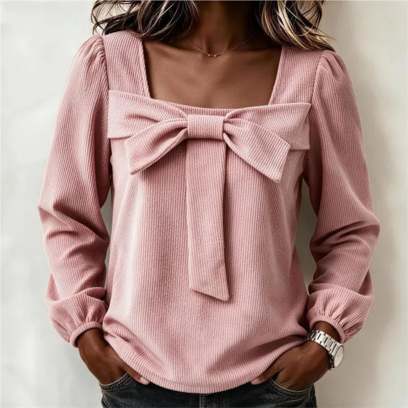 Women Tops Spring Autumn Fashion Corduroy Long Sleeve Square Neck Shirt With Bow Decor Casual Going Out Top Daily Streetwear