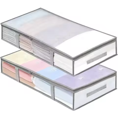 1PCS/2PCS Large Capacity Moisture and Dustproof Under Bed Storage Bags Grid PVC Clothes Quilt Foldable Storage Bins For Bedroom