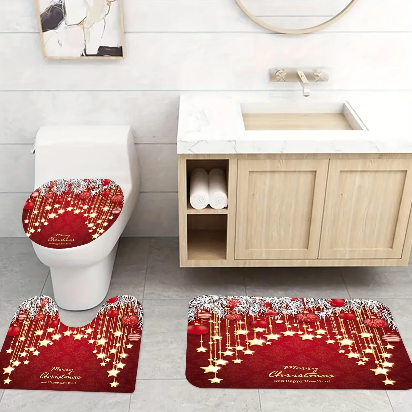 

Red Background Christmas Style Soft Carpet Bathroom 3Pcs/set Mat Home Flannel Decoration and Accessories Floor Rug Toilet Cover