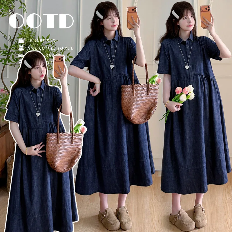 Maternity Dress Summer 2026 Vintage Blue Lapel Collar Short Sleeve Denim Dress for Pregnant Women Versatile Temperament
