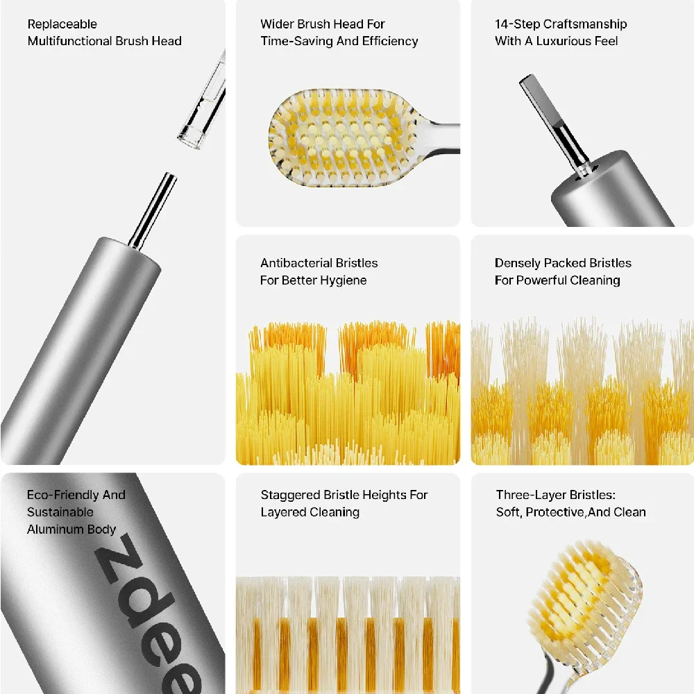 1Set Wide Head Metal Toothbrush with 6 Replaceable Soft Bristle Heads, Reusable Oral Care for Adults Daily Use