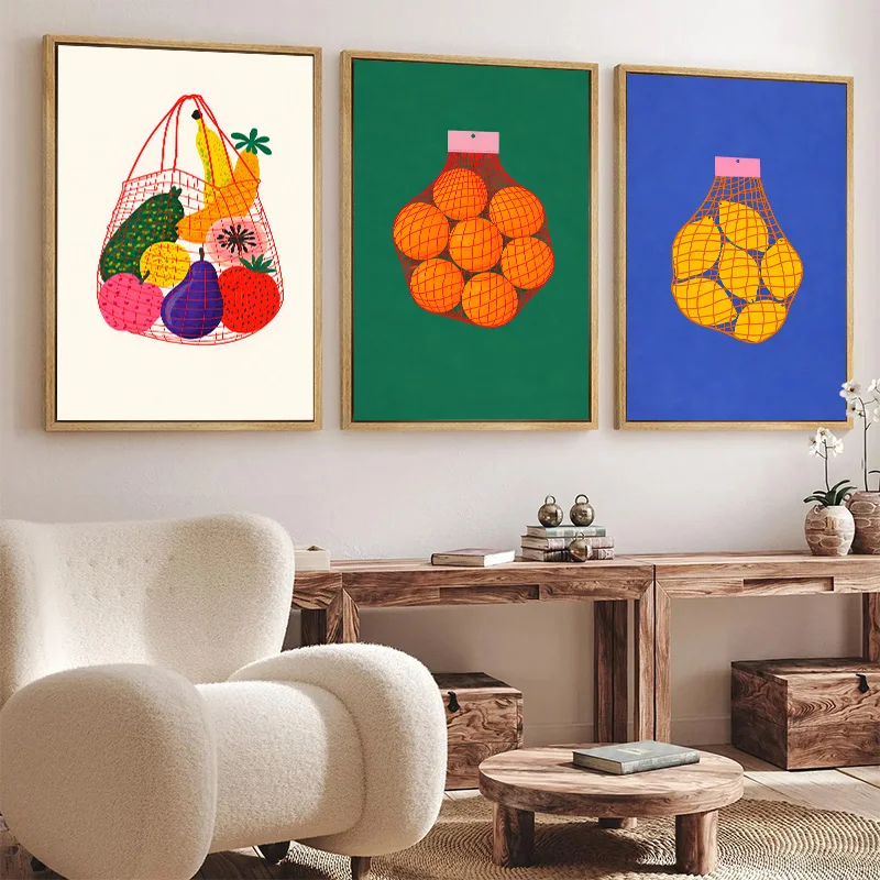 Retro Style Colorful Fruit Mesh Bag Canvas Poster Frameless Flat Illustration Wall Art Poster for Living Room and Kitchen Decor