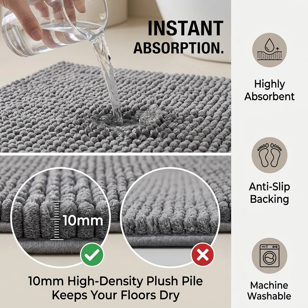 Bathroom Rug Chenille Non-Slip Absorbent Bath Mat Machine Washable Modern Shower Carpet for Home Hotel Toilet Floor Mat