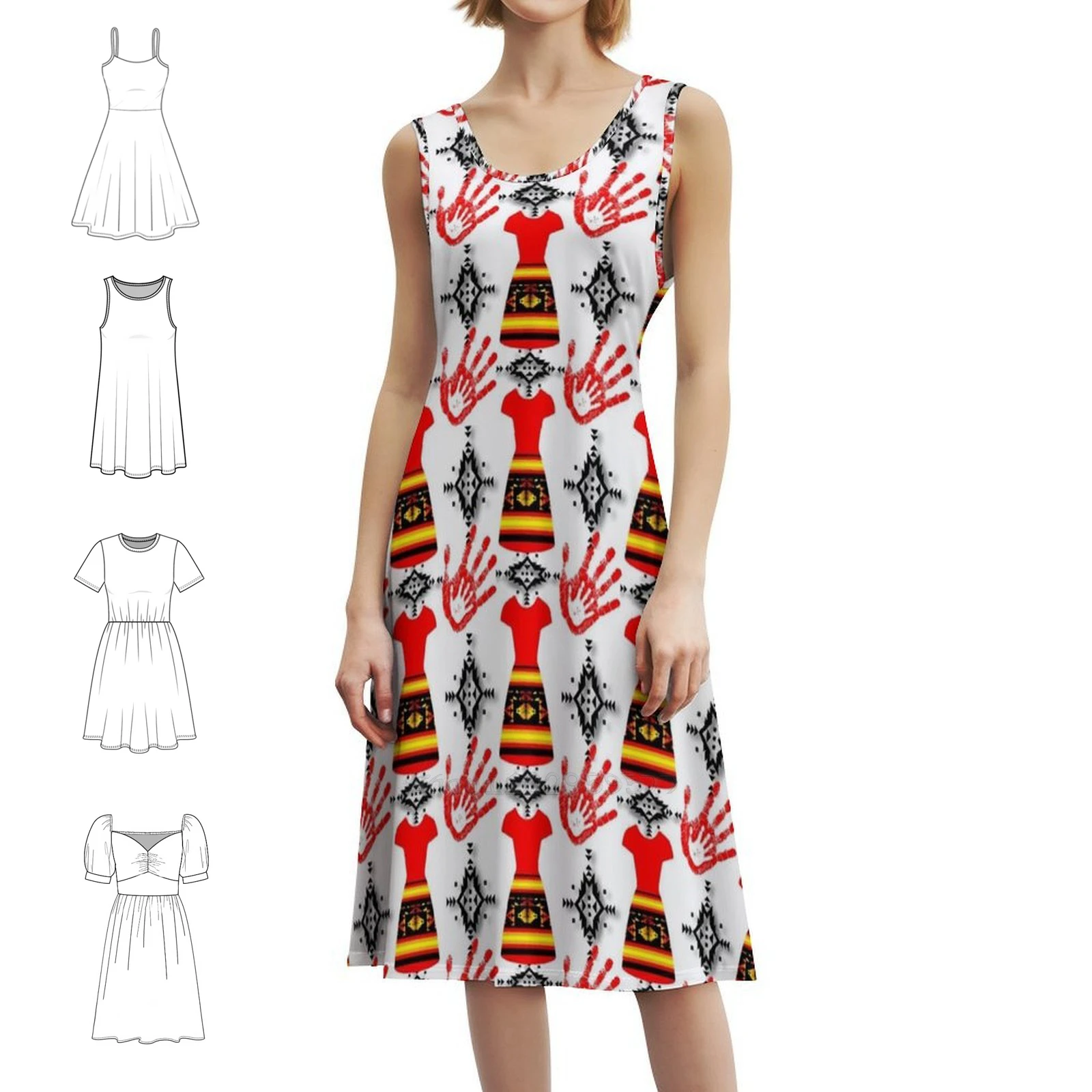 فستان أحمر / يد حمراء / خلفية بيضاء Mmiw فستان بوهيمي بدون أكمام متعدد الطباعة فستان حفلات عطلة الشاطئ مفقود و #1