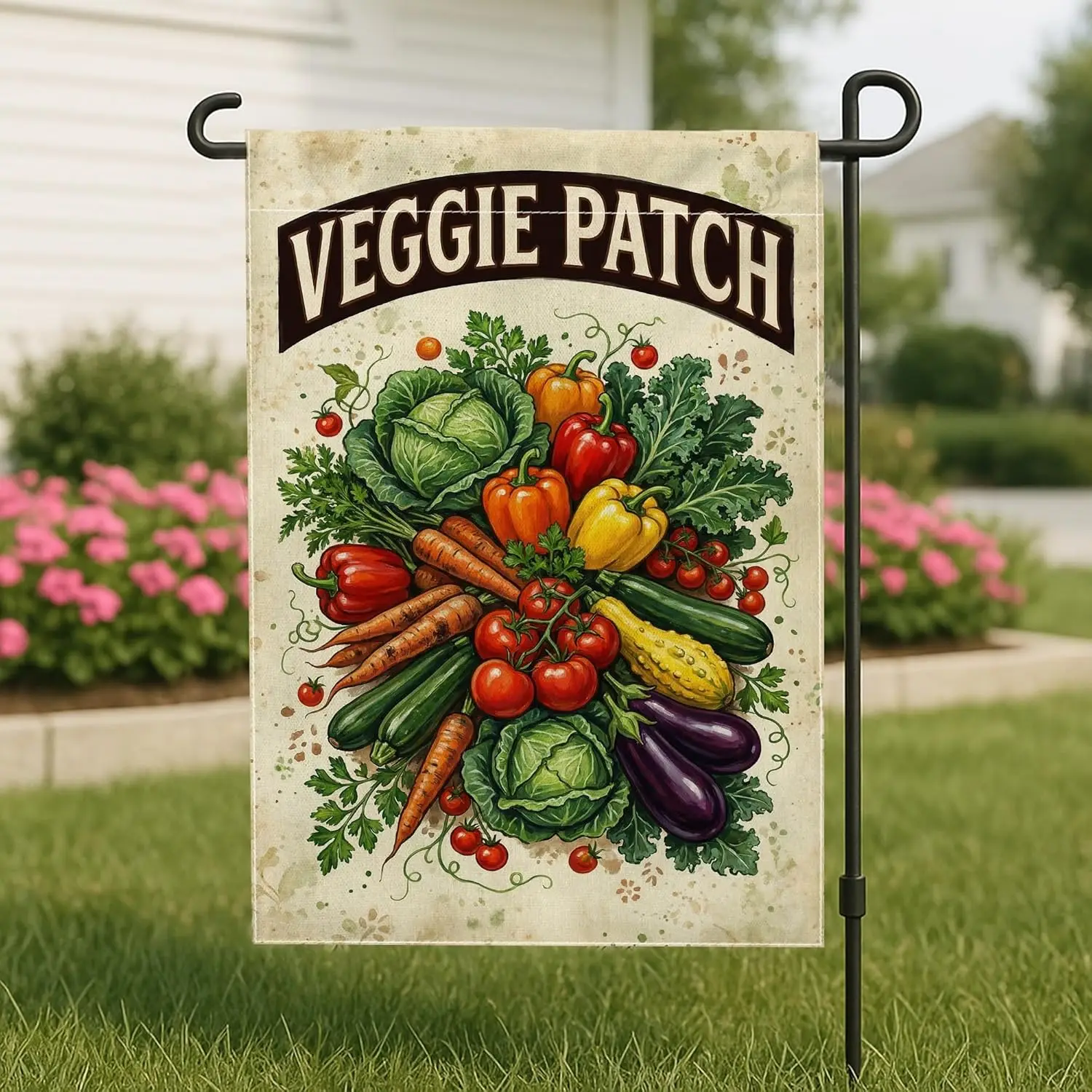 Vegetables Garden Flag, Farmhouse Rustic Cabbage Carrots Harvest Green Double Sided Burlap Small Garden Yard Flag for Outdoo IIC