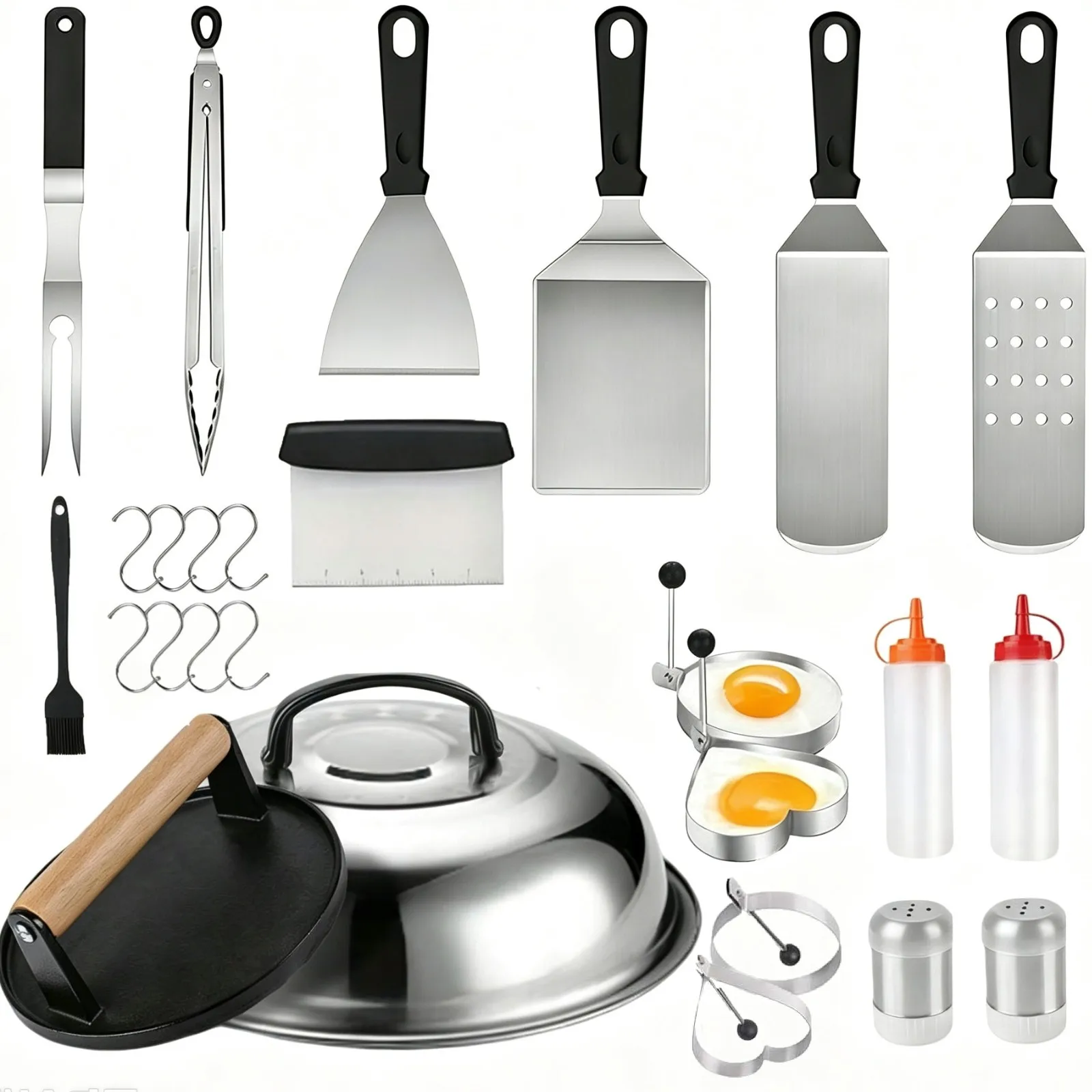 29 pezzi di accessori per barbecue, posate per barbecue, pressa per hamburger, spatola per griglia, strumento per preparare omelette, pala per pizza, accessori per pancake e carne alla griglia.