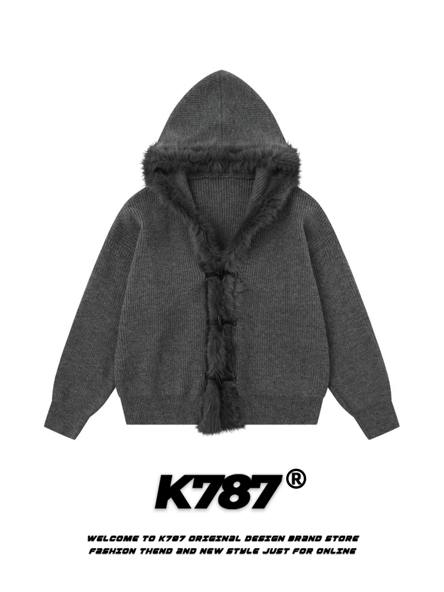 

American Retro Hooded Sweater Knitted Loose Casual Sle Warm Couple's Knitwear Large Fur Collar Men's Faion Autumn Wear