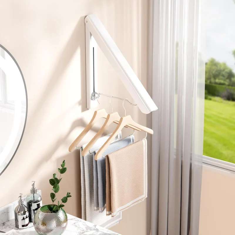 2 Clothes Drying Rack Foldable Collapsible, Folding Laundry Wall Mounted Retractable Hanger Room,