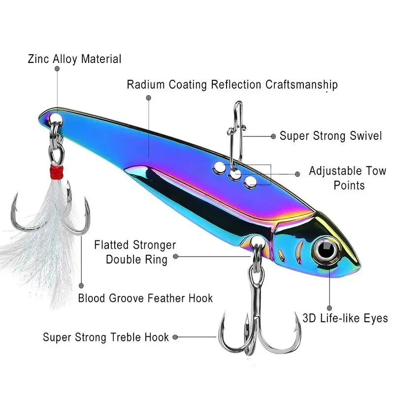 Metal VIB All Water Layer Long Throw 20g Colorful Vibration Sequin Artificial 3D Eyes Sharp Trible Hook For Bass Fishing Tackles — zdjęcie 4