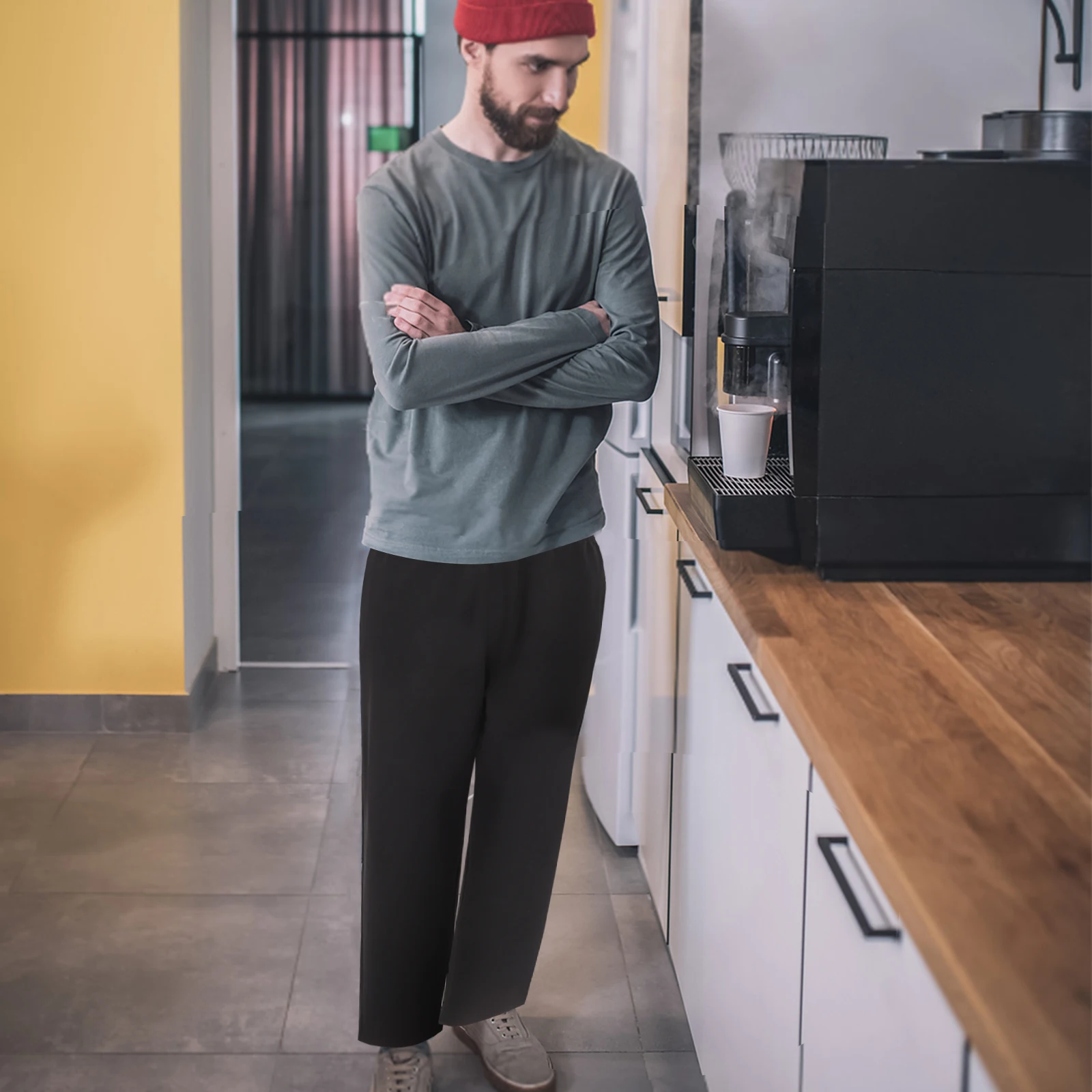 Pantaloni da cuoco traspiranti da uomo uniforme da cucina nera elastico in vita con coulisse pantaloni culinari da lavoro cargo per ristorante hotel