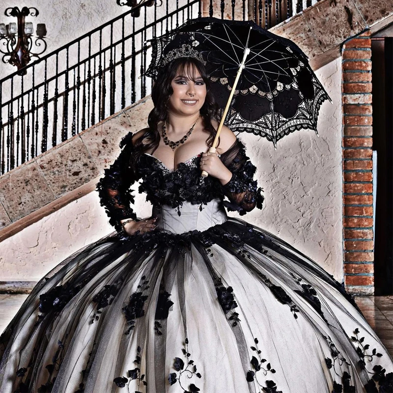 Preto Sexy Querida Beading Cristal Quinceanera Vestido Long Sleevess Ball Gown mangas 3D Flores Corset Vestido De 15 Anos