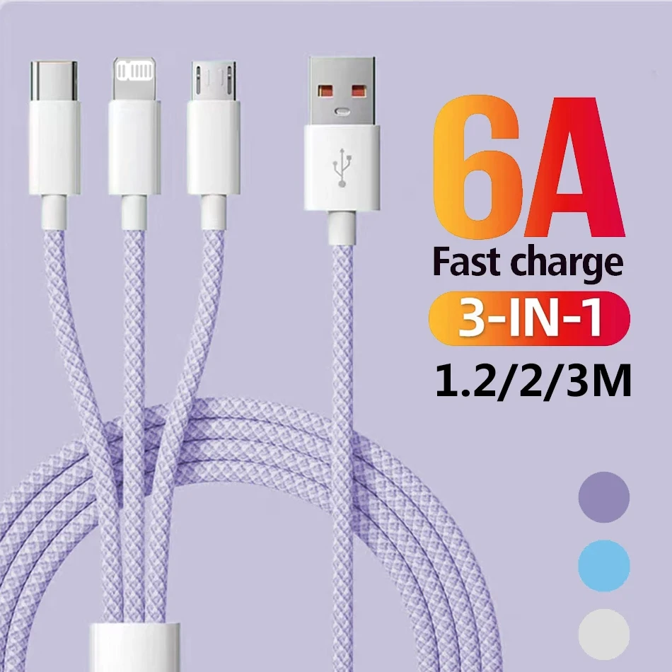 1.2M/2M/3M 6A 3 in 1 Fast Charging Cable For iPhone 66W USB Type C Cable 2 in 1 Micro USB IOS Data Charger Cable