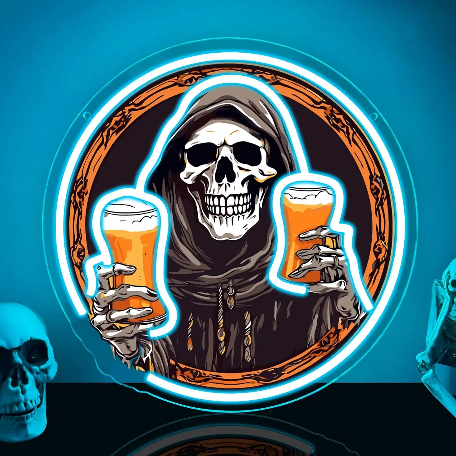 Beer Skull Neon Sign LED Dimmable USB Power Acrylic Backboart Wall Decor for Home Bar Gaming Room Haunted House Party Bistro