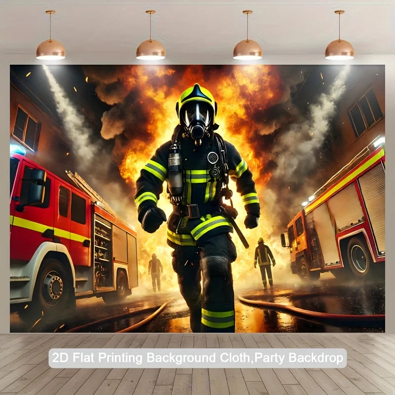 Firefighter Hero Running Through Flames Fire Truck Emergency Scene 2D Printed Backdrop Party Photo Background Decor