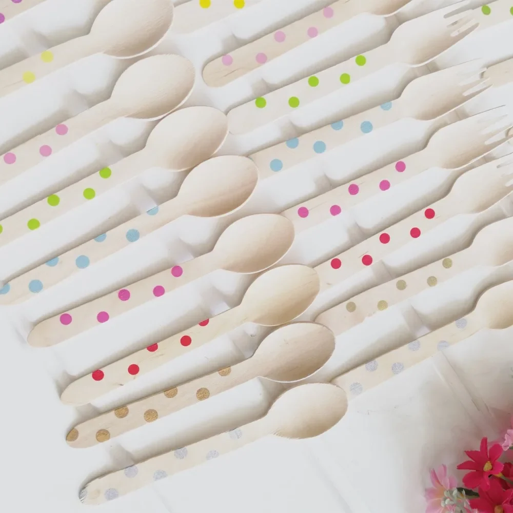 24Pcs Disposable Tableware Sets Dot Pink Blue Black Knives Forks Spoons Set Wood Baby Shower Baptism Birthday Party Supplies11CM