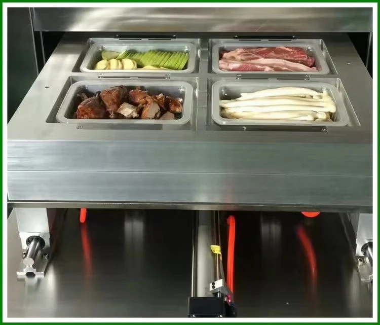 Automatic modified atmosphere packaging machine, steak, pork, seafood, kept fresh in plastic boxes filled with nitrogen