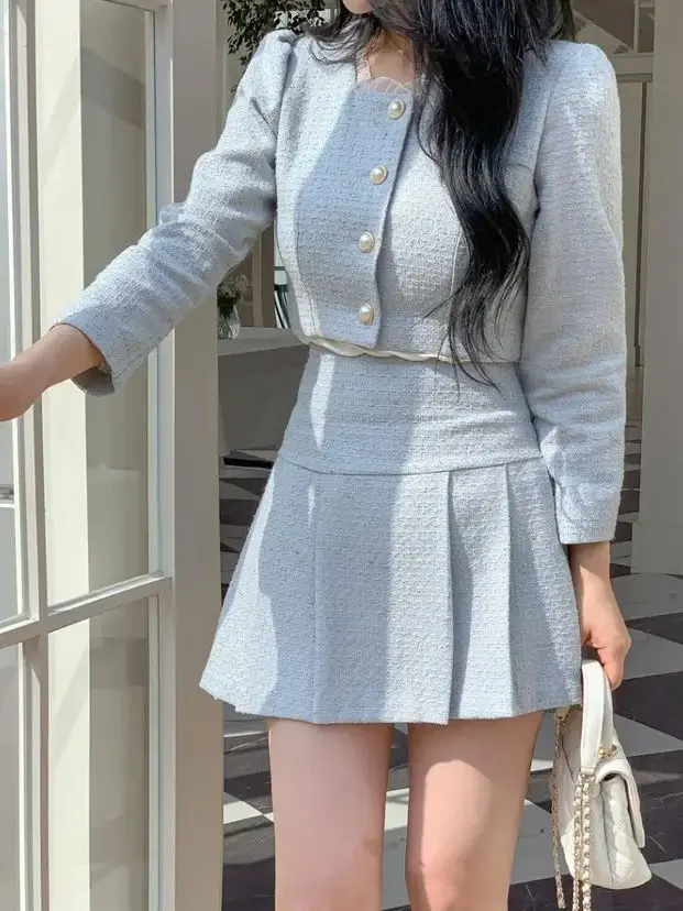 Small Fragrance Two Piece Set High Quality 2024 Spring Women Outfit Short Jacket +High Waist Pleated Skirt 2 Piece Sets