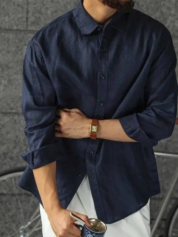 

Comfortable Breathable Linen Long Sve irt Men's Casual irt k Blue Cotton Jaet White Color for Autumn Season