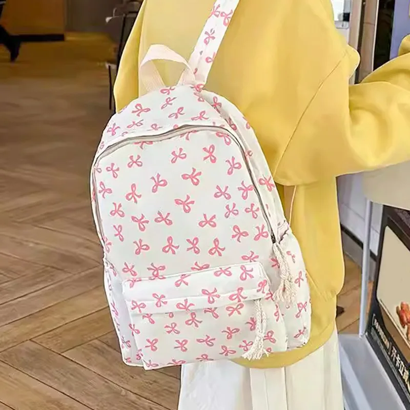 Cute Floral Backpack Student School Bag Large Capacity Bow Polka Dot Print Lightweight Durable Fabric Travel Multi Pocket Daily